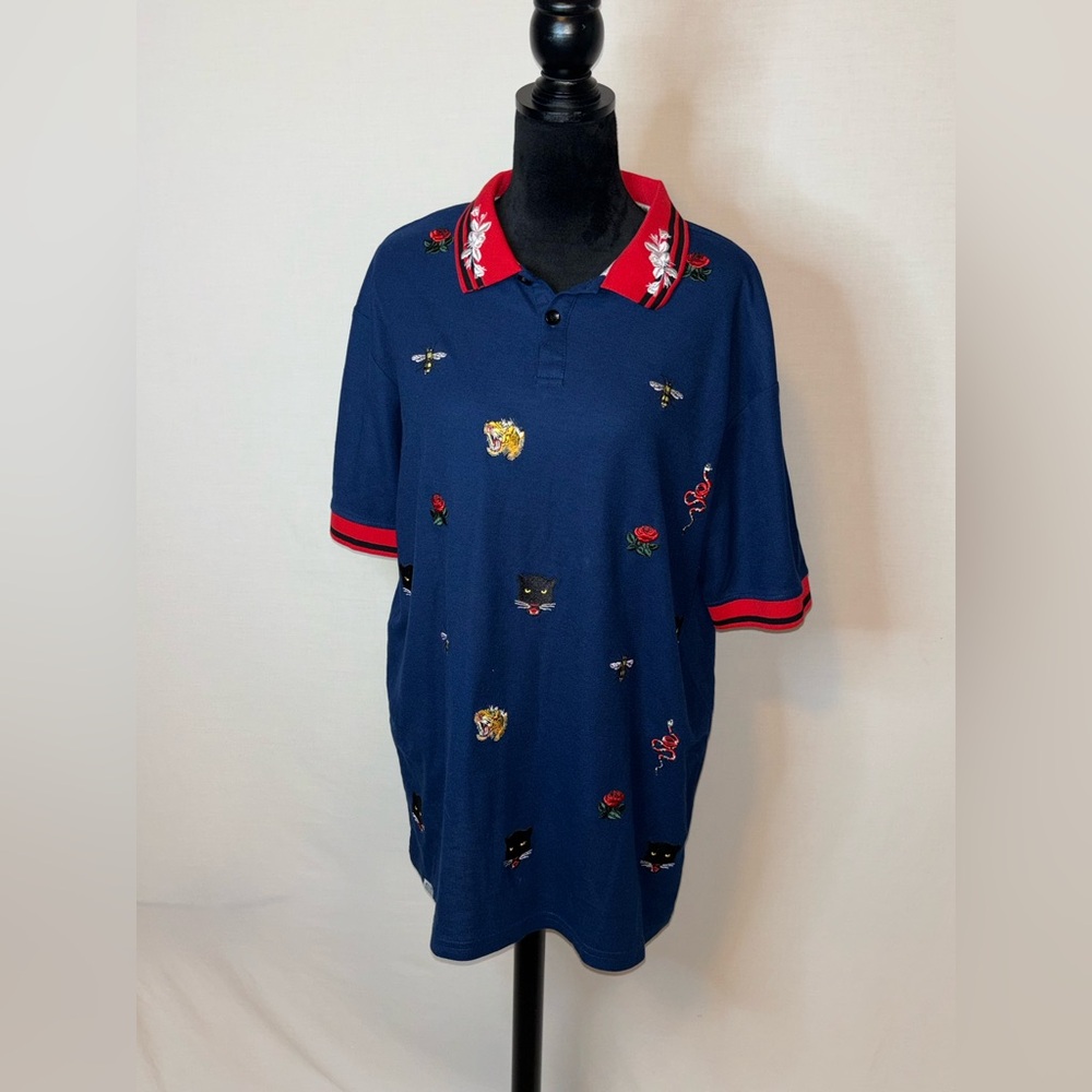 Navy Blue Polo Style Shirt with Red, Gold & Black Accents